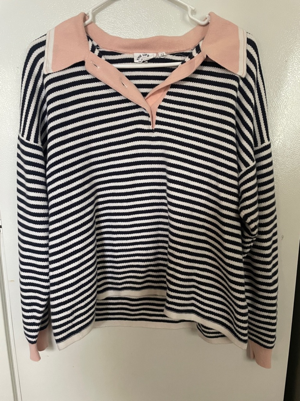 The Upside Small 6 100% Cotton Navy and White Striped Sweater with Pink Trim